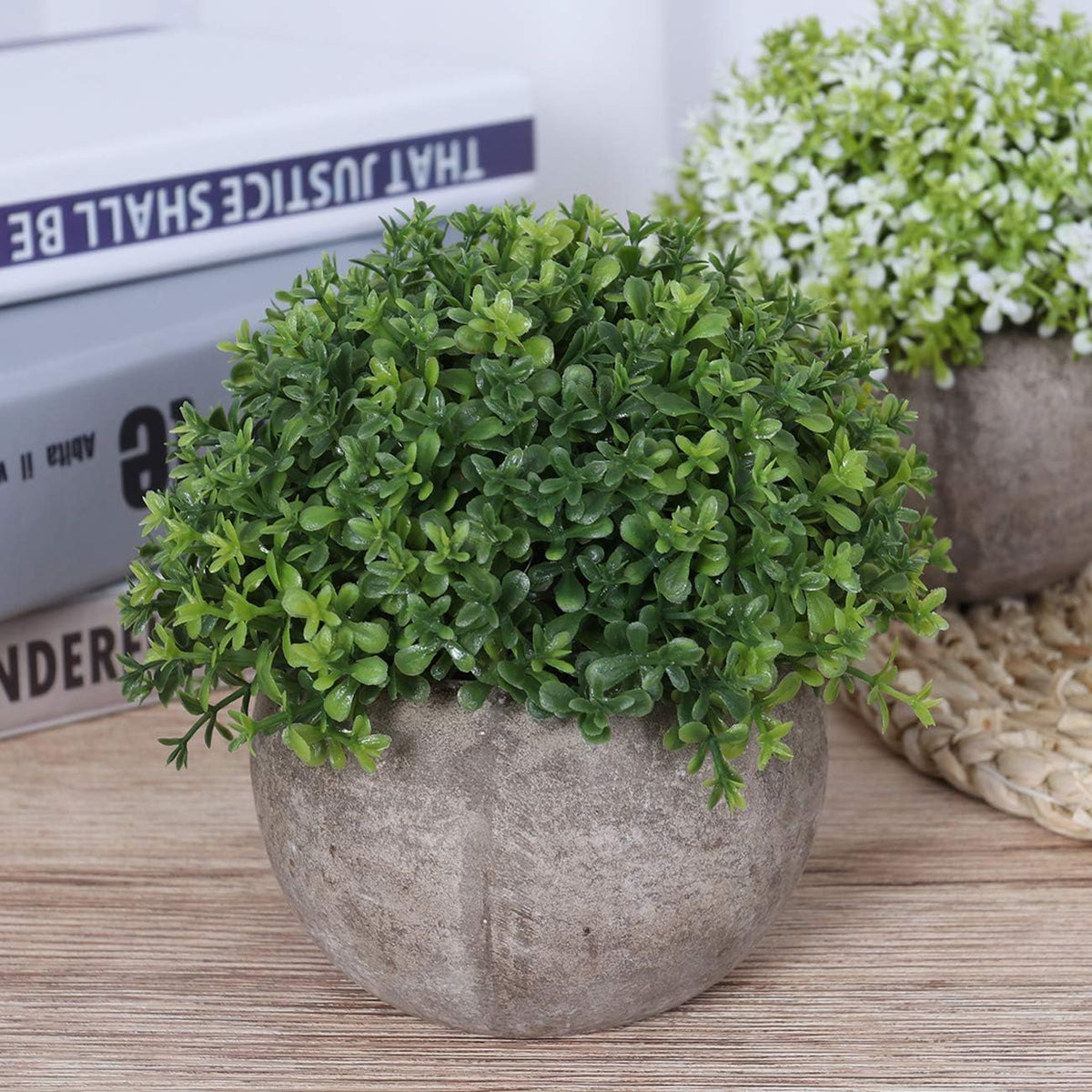 Ogrmar Mini Plastic Faux Plants in Pot/Small Topiary Shrubs Green Leaf