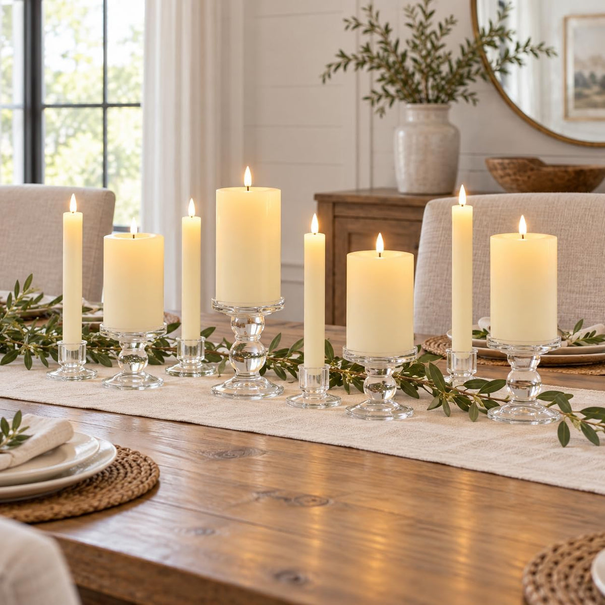 Real Wax LED Flameless Candles with Remote Timer, 4 Pcs Ivory Battery Operated Window Candle with 3D Flickering Flame for Fireplace Xmas Halloween Wedding Decor (9.5" Taper & 5" Pillar)