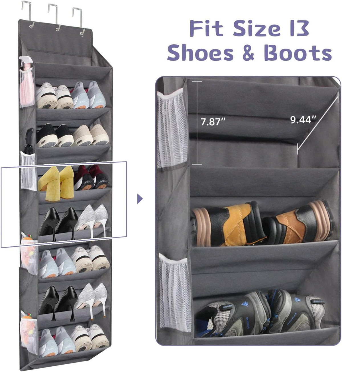Over the Door Shoe Organizer Hanging with 8 Mesh Pockets 8 Wire Large Deep Pockets, 50lbs Weight Capacity Fits 16 Pairs Shoes Door Shoe Rack Store for Closet and Narrow Door 1 Pack