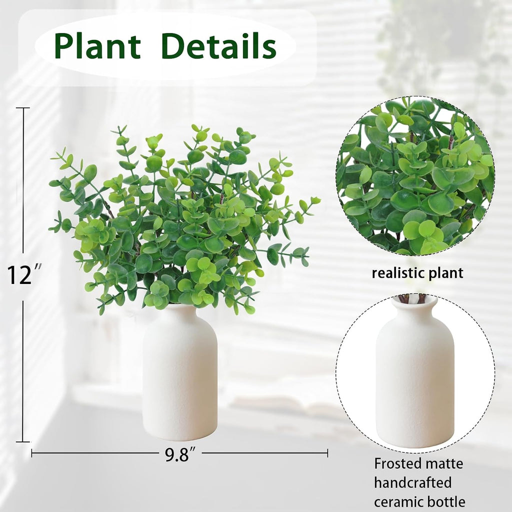 7Pcs 12" Artificial Sage Eucalyptus in Frosted Ceramic Vase for Desk Decor