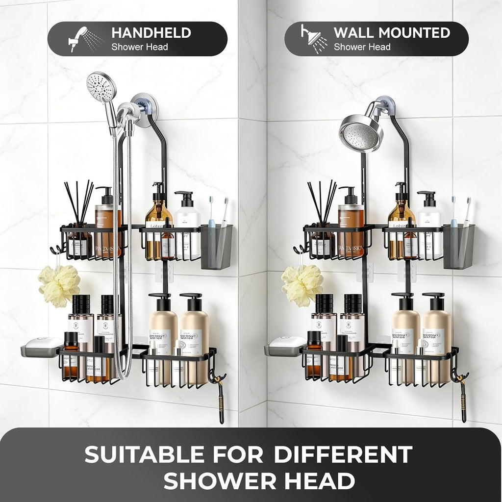 Adjustable Hanging Shower Caddy for Handheld Showerhead, Rustproof Aluminum Over Shower Head Organizer, Renter-Friendly No-Swing Storage for Tall Bottles & Soap, 2-Tier, Black