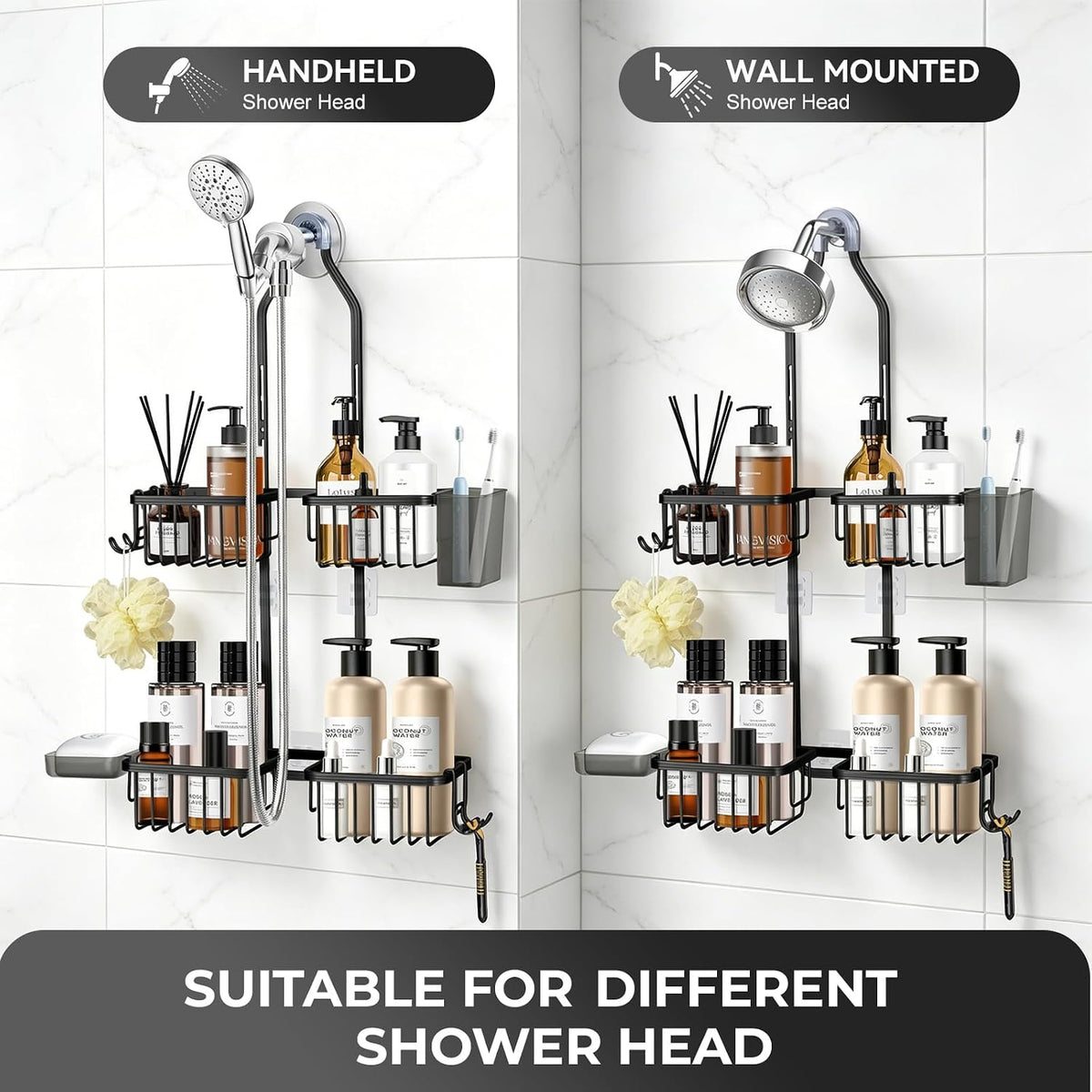 Adjustable Hanging Shower Caddy for Handheld Showerhead, Rustproof Aluminum Over Shower Head Organizer, Renter-Friendly No-Swing Storage for Tall Bottles & Soap, 2-Tier, Black