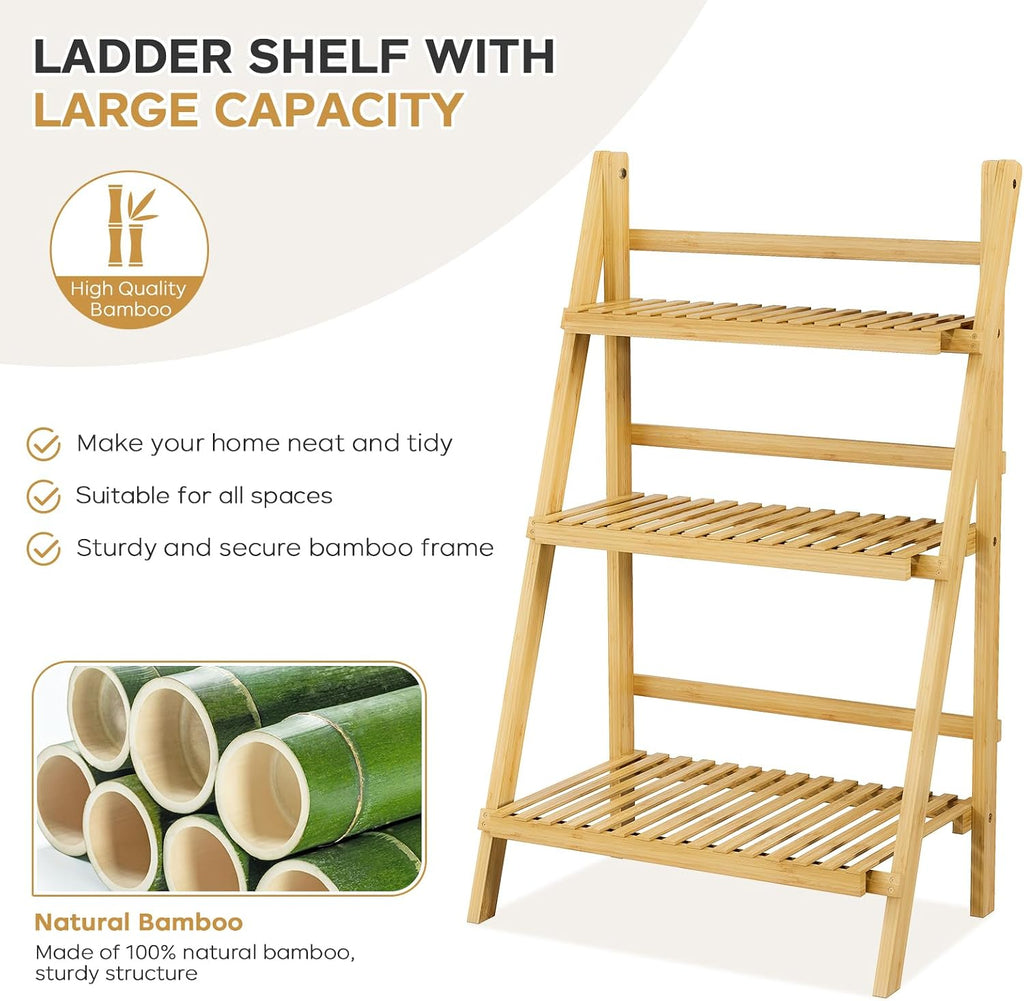 Foldable Ladder Shelf 39.4", Plant Shelf 3 Tier, Bamboo Ladder Bookshelf