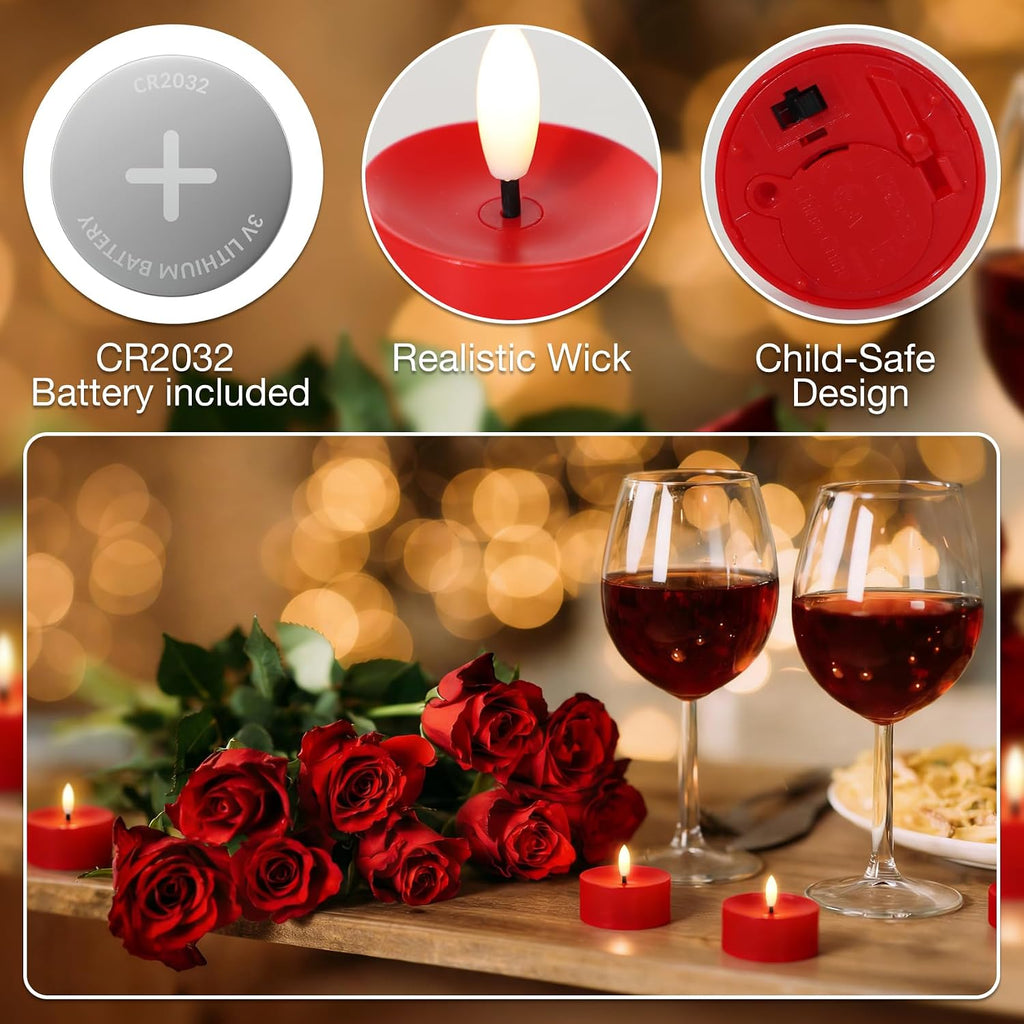12 Pack Red Flameless Tealight Candles Battery Operated Tea Lights, Realistic Flickering Fake LED Tealights Candles, 3D Wick LED Tea Lights for Christmas, Festival, Party, Home Decor