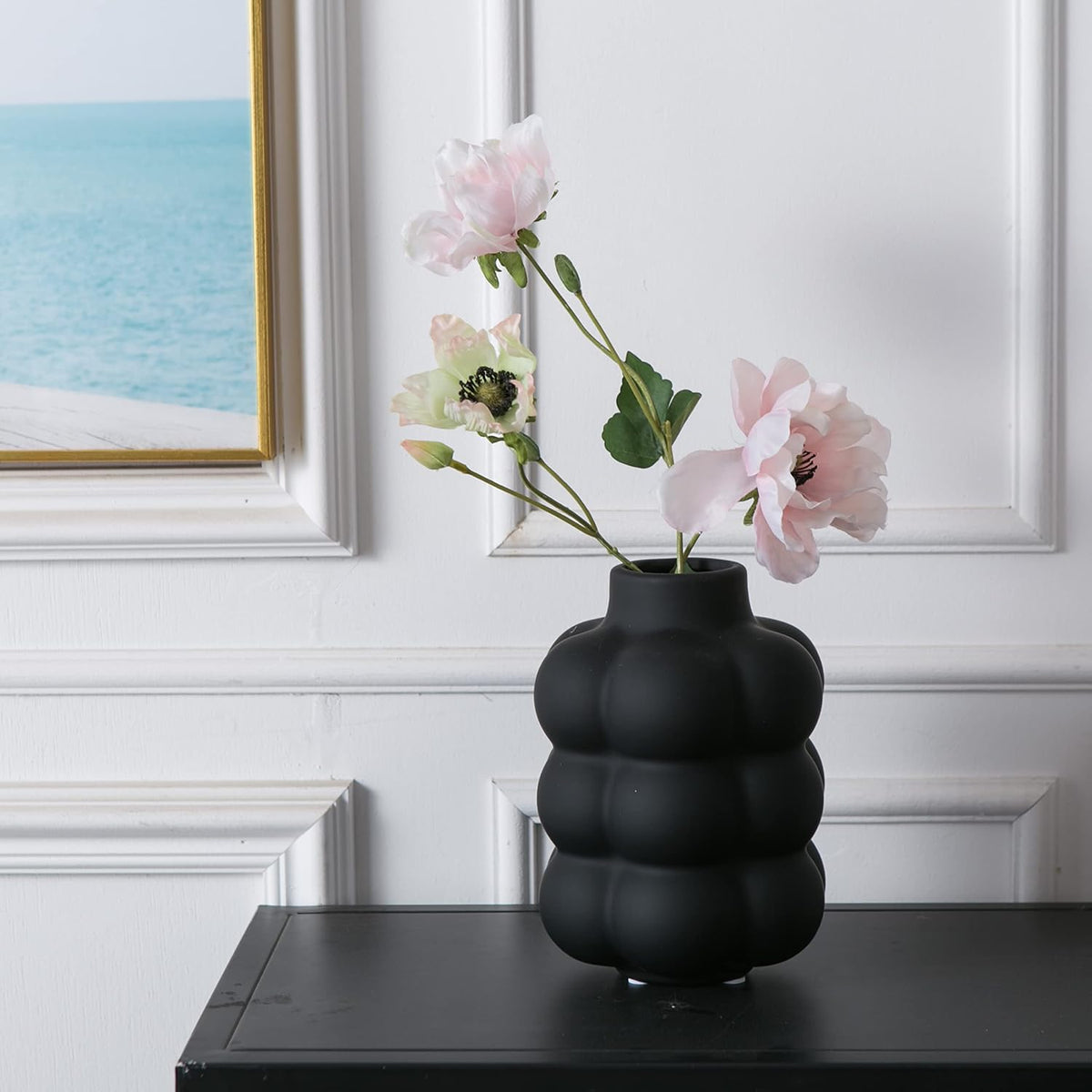 Mowtanco Black Ceramic Vase, Modern Small Vase for Centerpiece 6.7" Tall