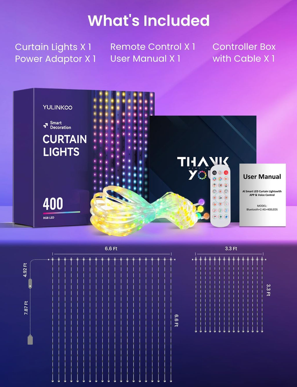 Smart LED Curtain Lights, 400 LEDs RGB+IC Color Changing Wall Lights, 6.6x6.6ft Indoor Dynamic DIY Pattern LED String Lights, APP Remote Control, For Bedroom, Living Room, Window Decor, Party, Wedding