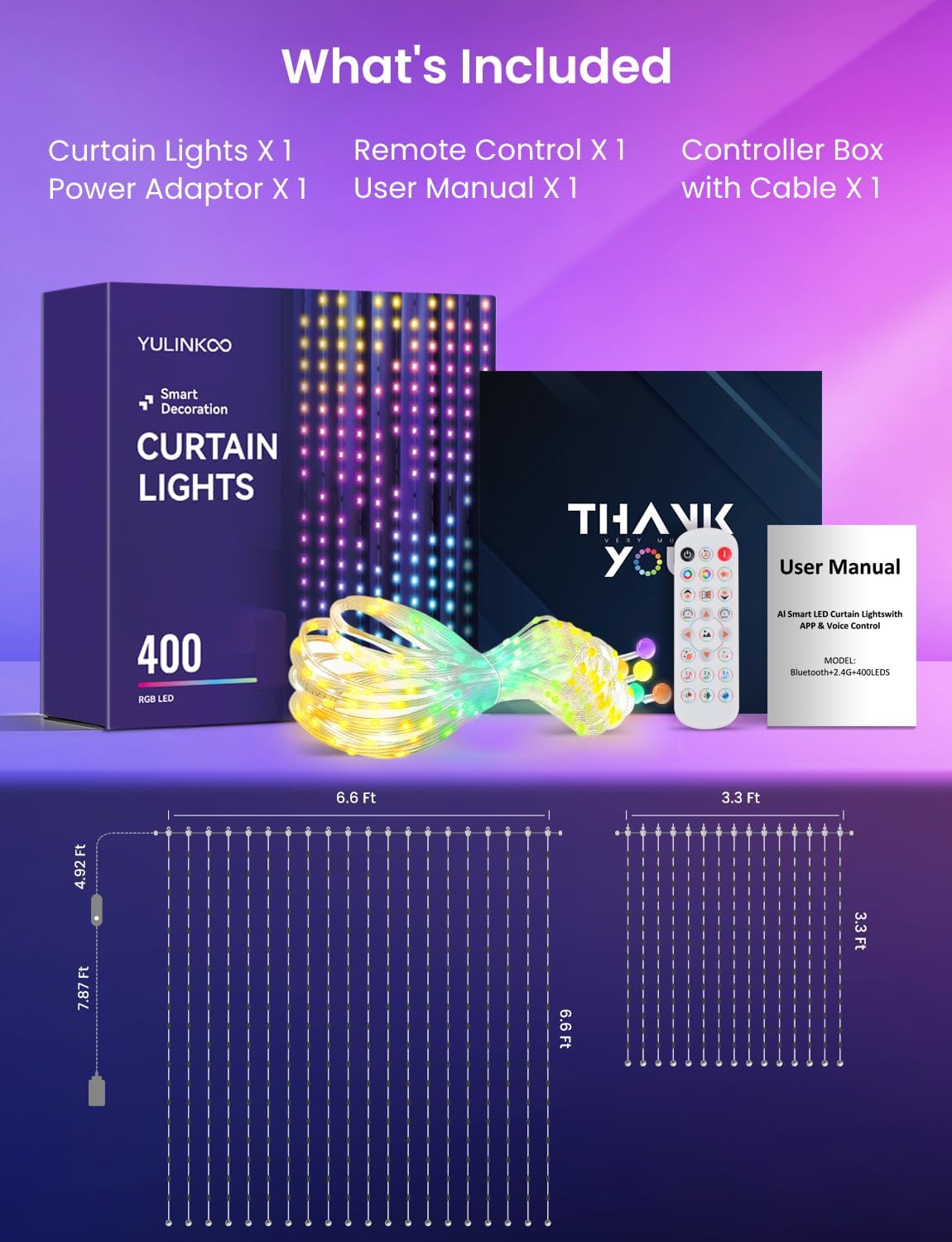 Smart LED Curtain Lights, 400 LEDs RGB+IC Color Changing Wall Lights, 6.6x6.6ft Indoor Dynamic DIY Pattern LED String Lights, APP Remote Control, For Bedroom, Living Room, Window Decor, Party, Wedding