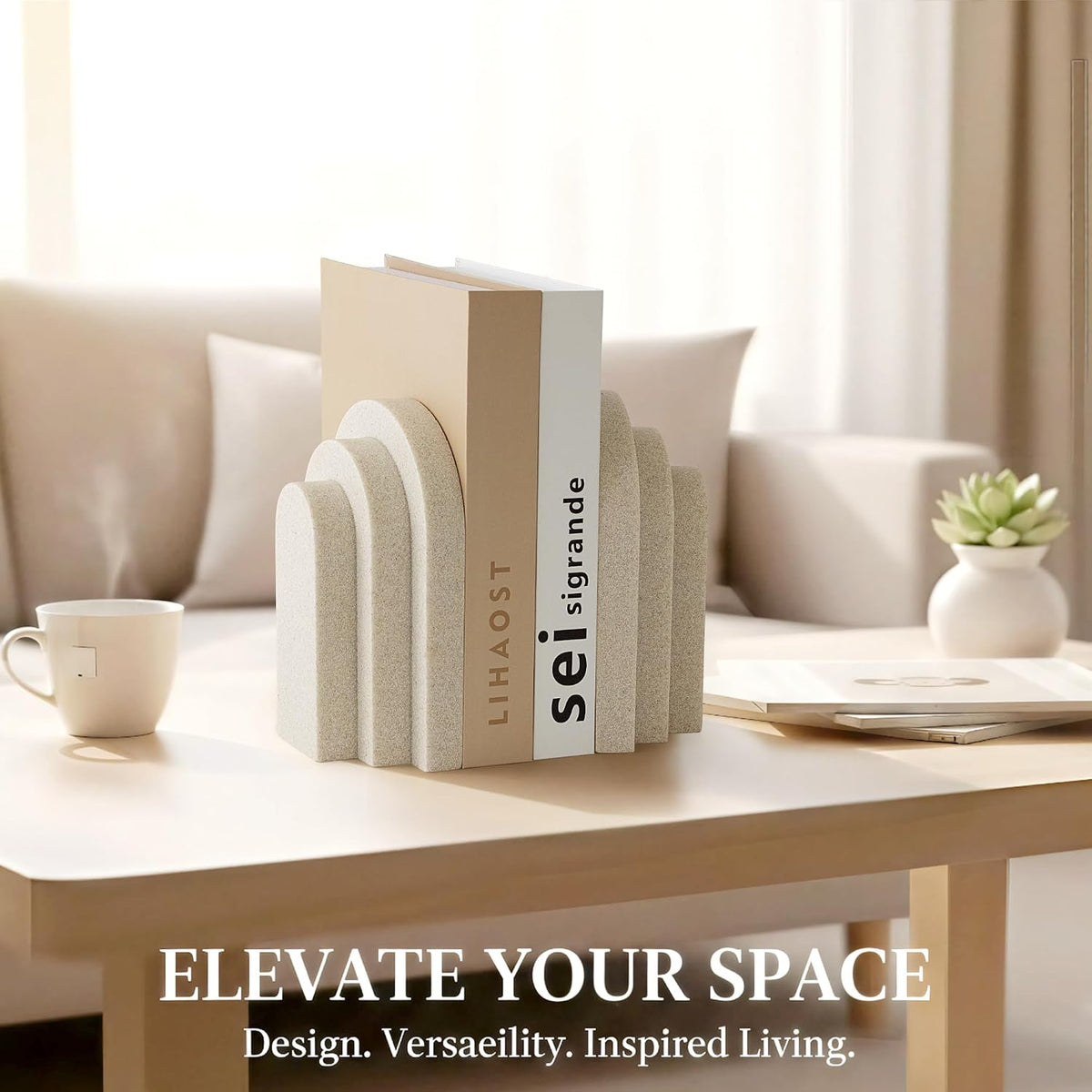 LIN CHUAN Heavy Duty Bookends for Shelves, Set of 2, Sandstone Beige