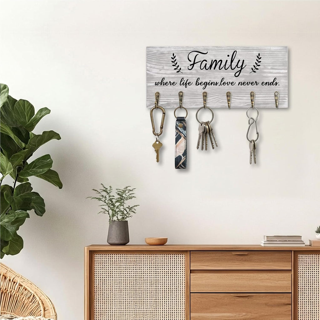 AHYS Key Holder Wall Mount Family Wall Decor Wooden Key Rack Hanger with 6 Hooks for Farmhouse Home Entryway Living Room Decor - Light Grey
