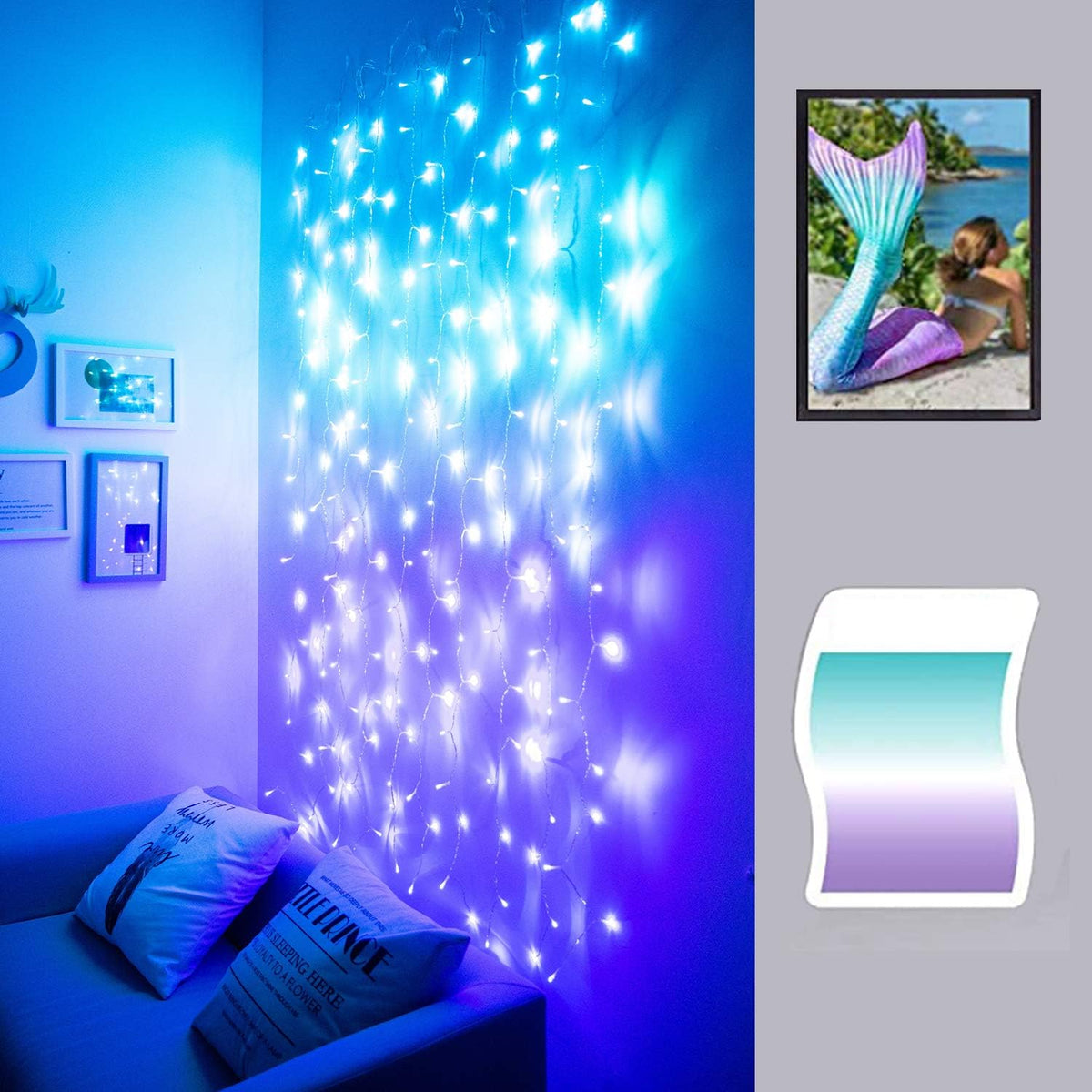 Curtain Lights for Bedroom Wall Light Up Curtains Led String Lights Turquoise Teal Blue Lavender Lilac Purple Twinkle Hanging Fairy Lights Unicorn Mermaid Kawaii Teen Room Decor for Girls