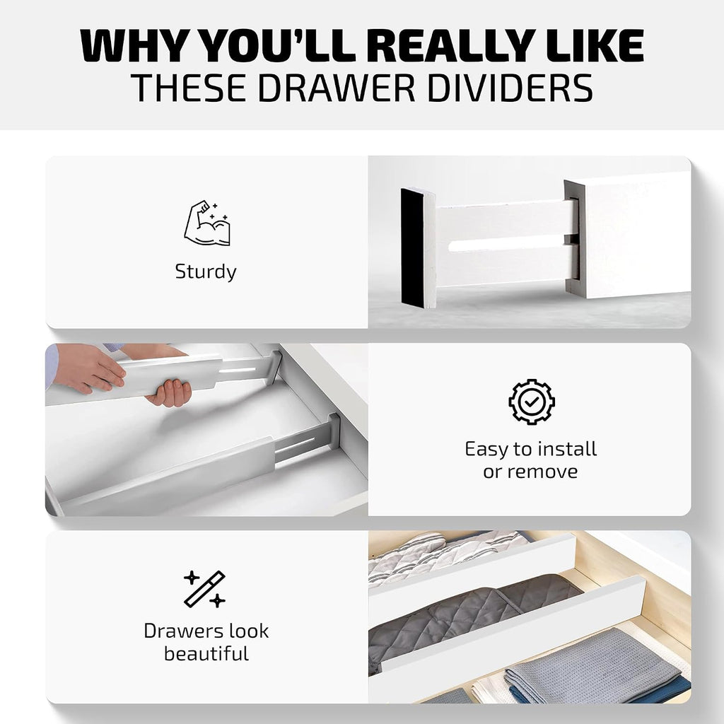 4-Pack Drawer Divider - 2.6" High, 16" to 22" Adjustable Bamboo Drawer Organizers for Clothes, Expandable Dresser Separators in Bedroom/Bathroom/Kitchen/Office Organization and Storage (White)