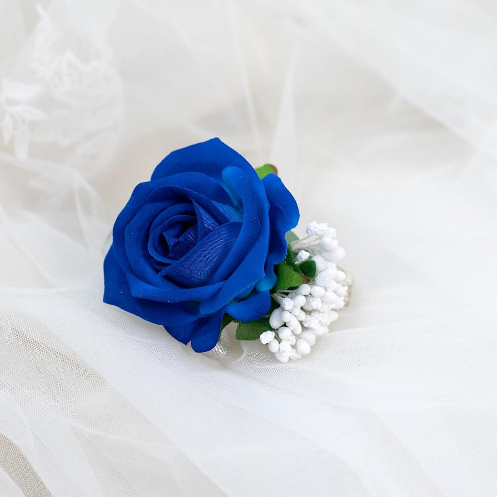 2Pcs Blue Rose Corsage and Boutonniere Set, Corsage Wristlet Band for Prom Suit Decorations, Artificial Boutonniere for Men Wedding Party Flower Accessories