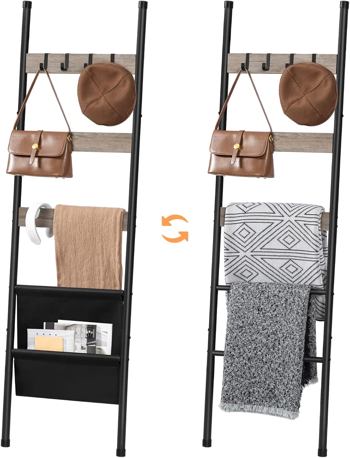 HOOBRO Blanket Ladder, 5 Tier Towel Rack, 17.3" L x 63" H, Wall-Leaning Blanket Rack for Living Room, Decorative Ladder with 4 Hooks and Magazine Pocket, Greige BG32CJ01
