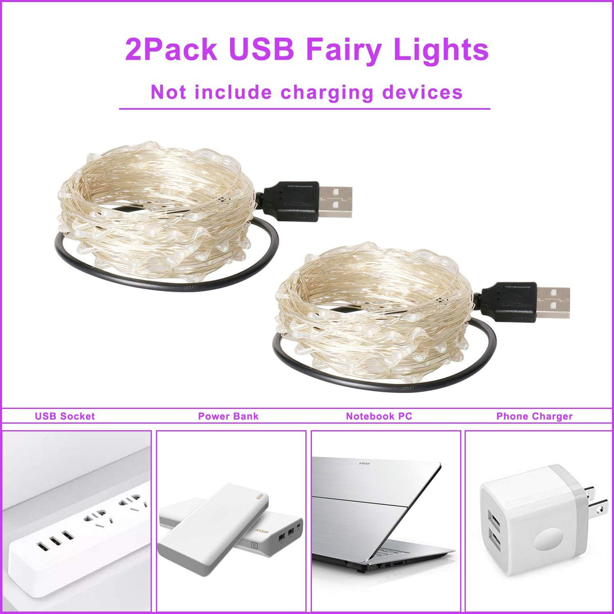 Blingstar USB Powered Fairy Lights, 2 Pack 33Ft 100 LED, Flexible Silver Wire, Mini String Lights for Christmas Tree/Halloween/Bedroom/Camping/Holiday Decoration, Purple