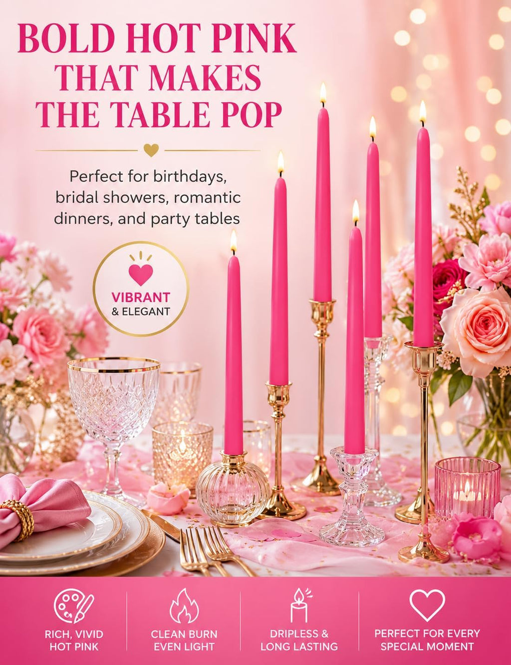 Hot Pink Elegant Taper Candles for Romantic Home Décor and Events