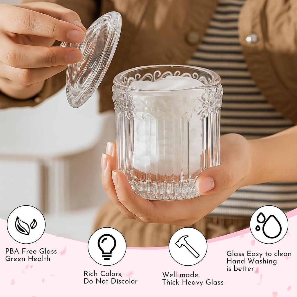 Hushee 4 Pcs Crystal Glass Candy Jar Set with Lids Home Decorative Storage Jars for Apothecary, Bathroom, Kitchen, and Pantry, Ideal for Cotton Swabs and Jewelry(Clear)