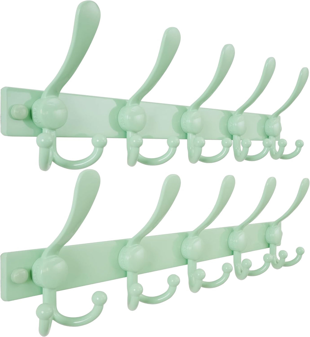 Dseap Coat Rack Wall Mount, Heavy Duty 12-Gauge Base vs Flimsy 1mm, Double-Thick Solid Anti-Snap Hooks, 16” Stud-Mount, Stainless Steel Hanger for Clothes Hat Entryway Closet, Green, Pack of 2