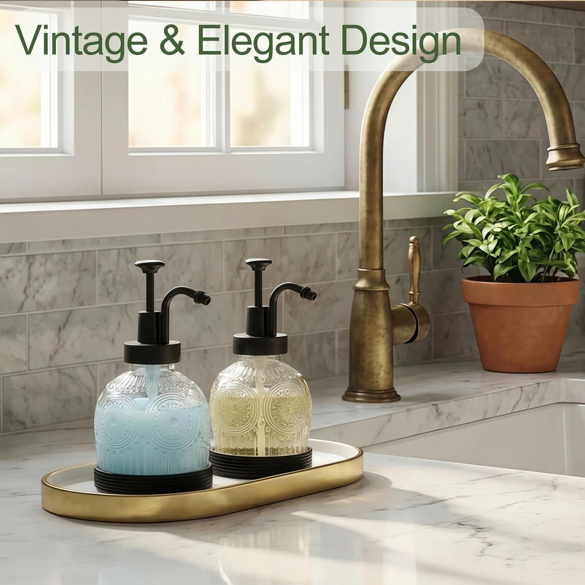 Glass Hand and Dish Soap Dispenser Set, Vintage Farmhouse Refillable Soap Dispenser with Black Pump & Non-Slip Mat, for Bathroom Kitchen Shampoo Lotion, Rustic Antique Decor (2 PCS, White)