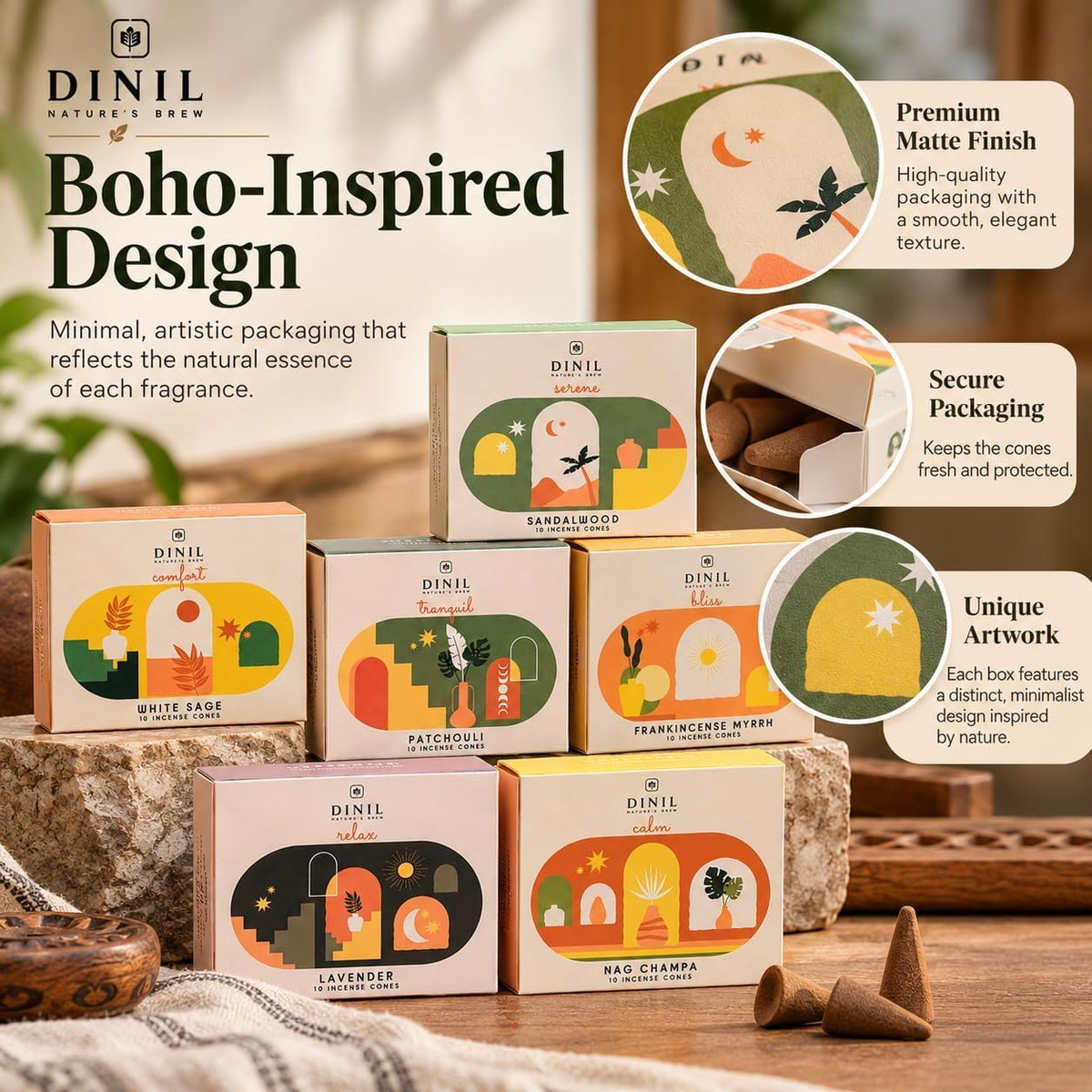 Dinil Boho Bliss Incense Cones Variety Pack, 60 Cones, 6 Fragrances