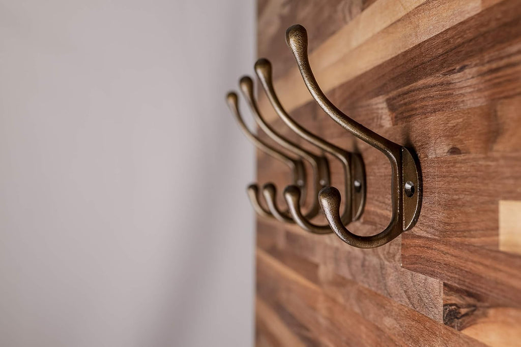 CRAFTSMAN ROAD Vintage Cast Iron Wall Hooks (Antique Brass Finish, Set of 4) - Rustic, Farmhouse Coat Hooks | Coats, Bags, Towels, Hats | Classic Slender