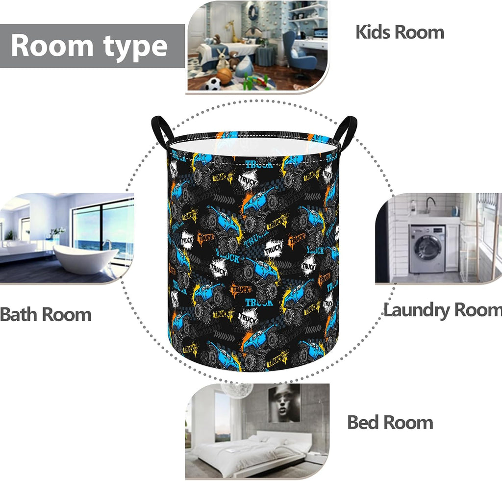 Truck Print Laundry Hamper, Collapsible Storage Basket with Handles
