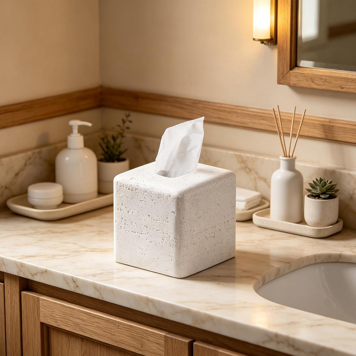 Travertine Look Square Tissue Box Cover for Bathroom Counter, Nightstand