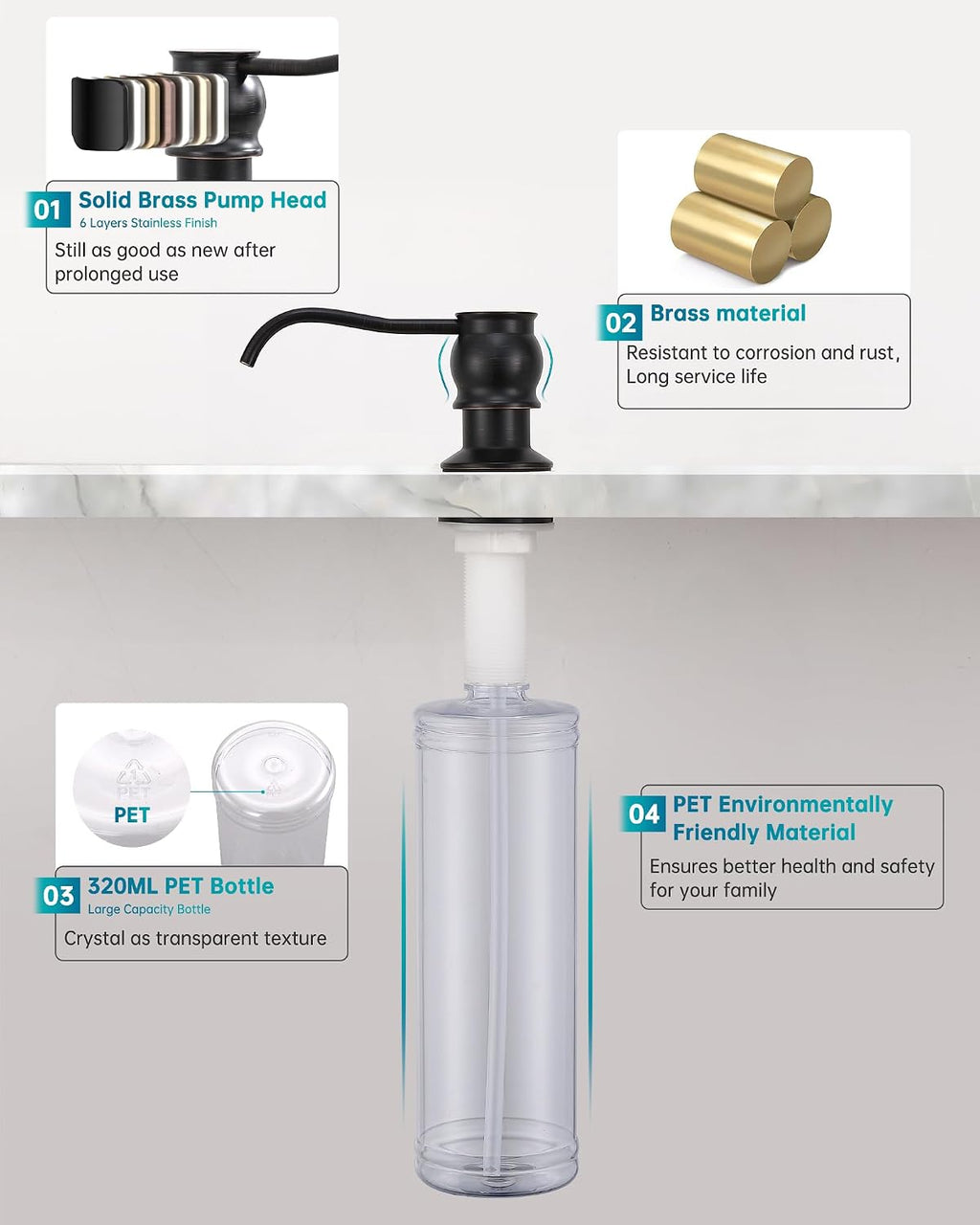 Brass Kitchen Soap Dispenser, Oil Rubbed Bronze in Sink Liquid Dish Soap Dispenser, Under Sink Hand Metal Dispenser Pump, 47.2" Silicone Long Tube for 0.79 "- 1.38" Bottle Mouths