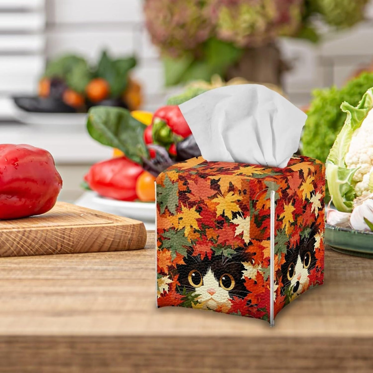 Cat Maple Tissue Box Cover Square PU Leather Desk Tissue Holder