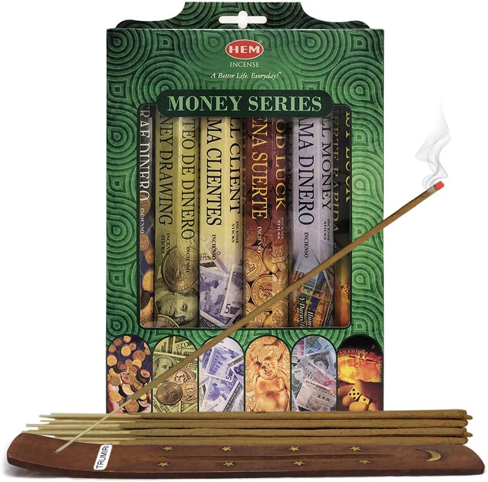 Hem Incense Sticks Variety Pack #3 and Incense Stick Holder Bundle with 6 Money Series Fragrances