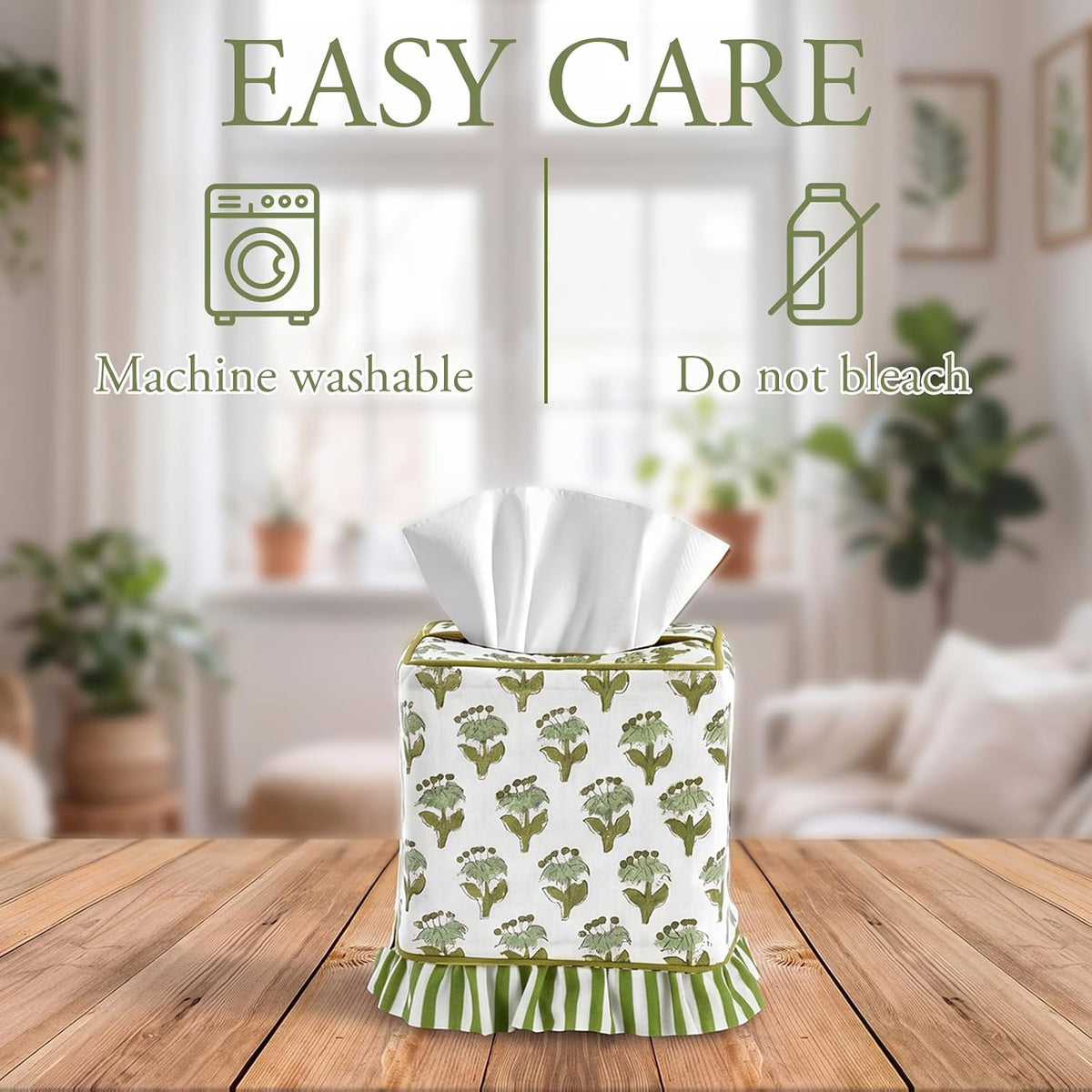 Emerald Green Floral Ruffle Tissue Box Cover Block Printed