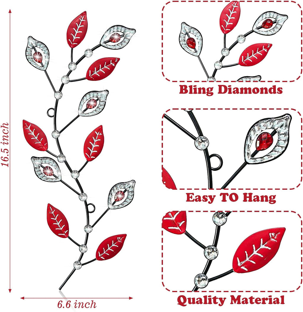 sxnzequnze 2 Set Metal Tree Leaf Wall Art for Home Decor Living Room Bedroom Dining Room Bling Rhinestone, 3D, Iron Branch Hanging Leaf Sculpture Art Pieces -Red 16.5in*6.7in