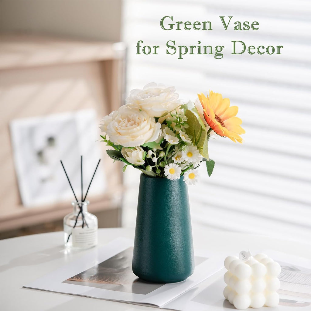 Simple Boho Ceramic Flower Vase for Home Decor (Green,Small)