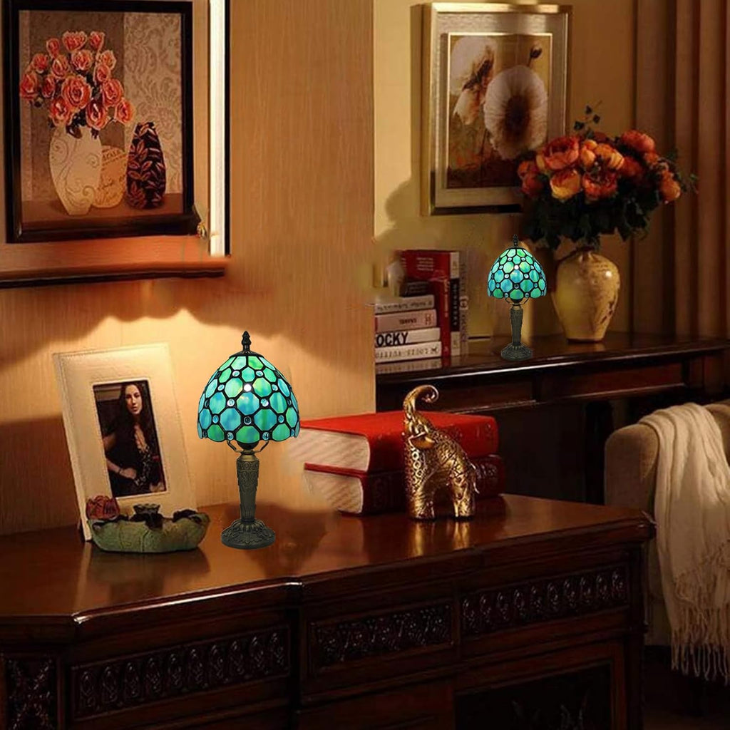 Tiffany Style Small Table Lamp,Green Beads Stained Glass 3 Color Temperature Antique Table Lamps,Bedside Nightstand Lamp for Bedroom,Living Room,Home Office+LED Bulb,6X6X12.5Inch