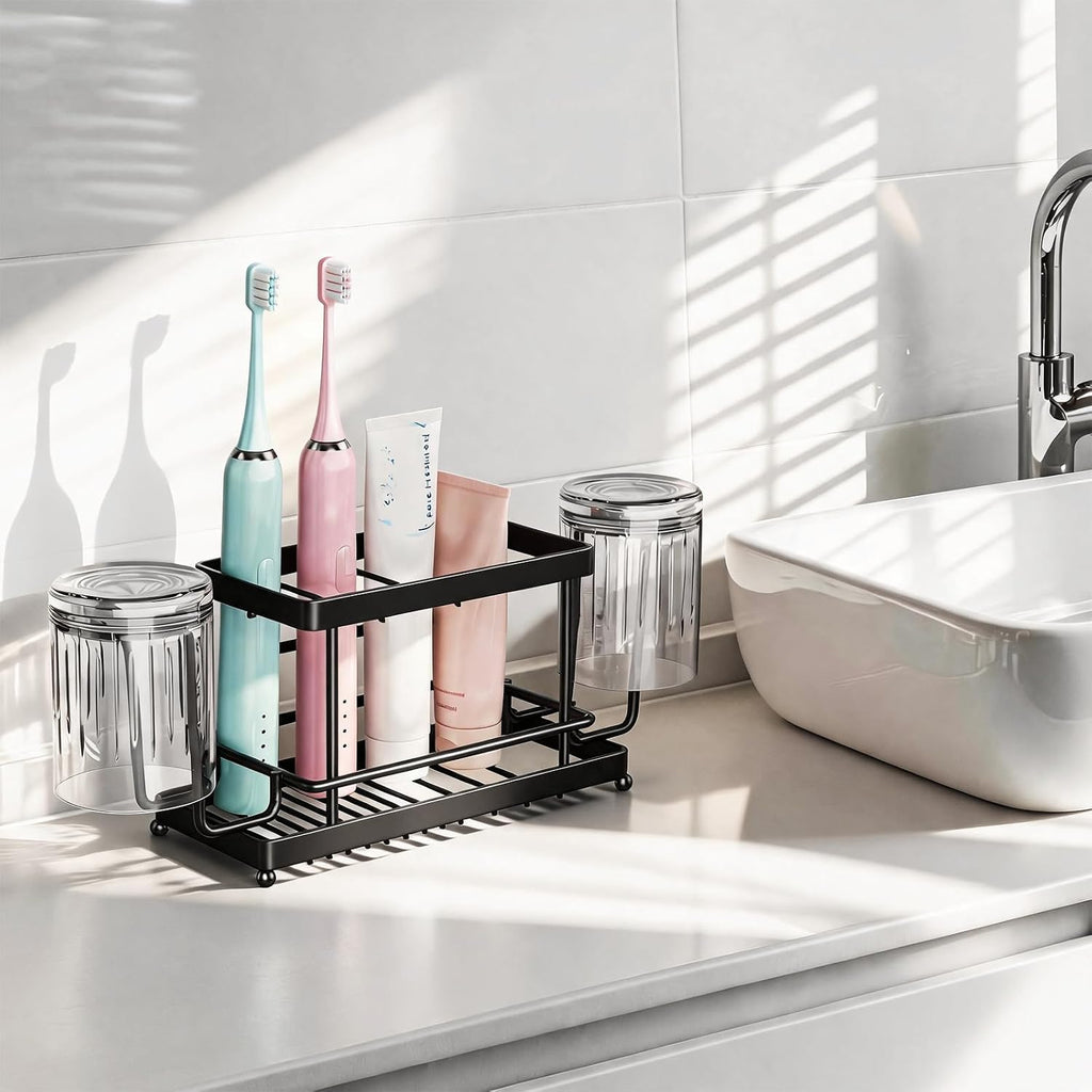 Toothbrush Holder, Wall Mount & Countertop, 2 Cup Hooks Black Metal