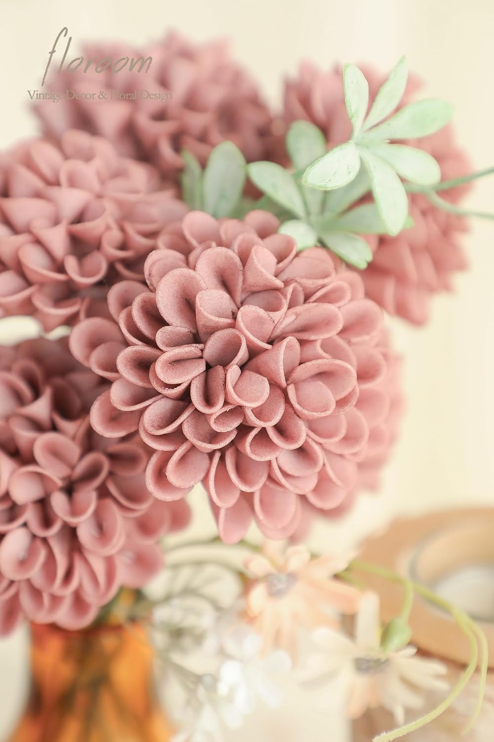 Floroom Artificial Dahlia Flowers 25pcs Real Looking Dusty Rose Foam Fake Roses with Stems for DIY Wedding Bouquets Bridal Shower Centerpieces Floral Arrangements Party Tables Home Decoration