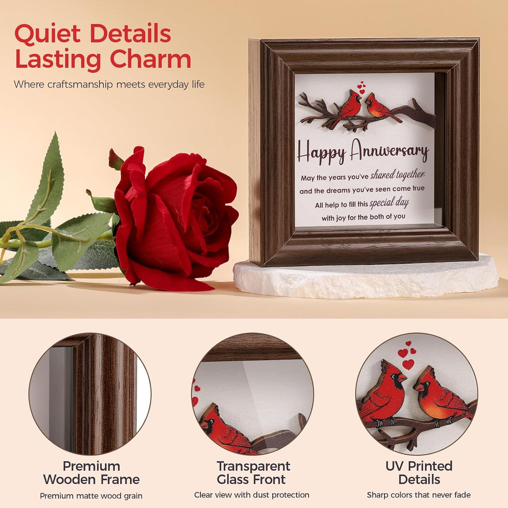 LukieJac Anniversary Cardinal Gifts for Couple - Romantic Anniversario Gift Ideas Wooden Shadow Box Frame for Friends, Sister, Parents, Couples, Grandparents Anniversary Keepsake