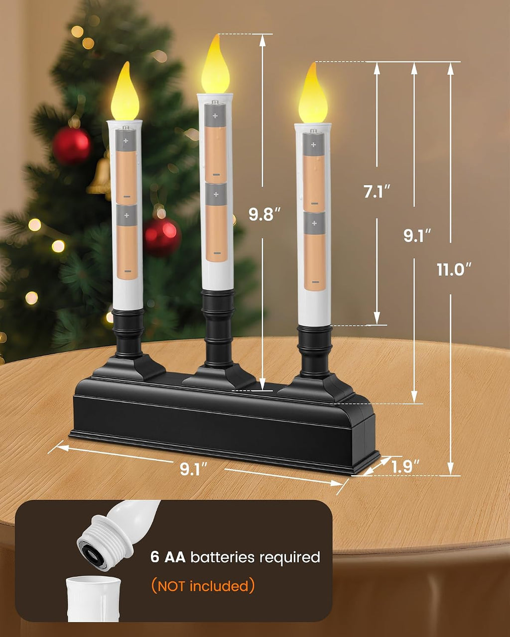 SURAIELEC Christmas Battery Window Candles, Remote 3-Light Candolier Window Candle, Flameless 3000K LED Candles, 1.9" Narrow Base, Chritmas Window Candle for Window, Mantel, Dinning Table, 1-Pack