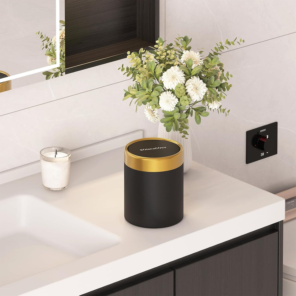 Desktop Trash can with Lid,0.4 Gal Stainless Steel Counter Top Trash Can Mini Bathroom Trash Can for Car,Office,Kitchen,Desk,a Roll of Trash Bag(Black)
