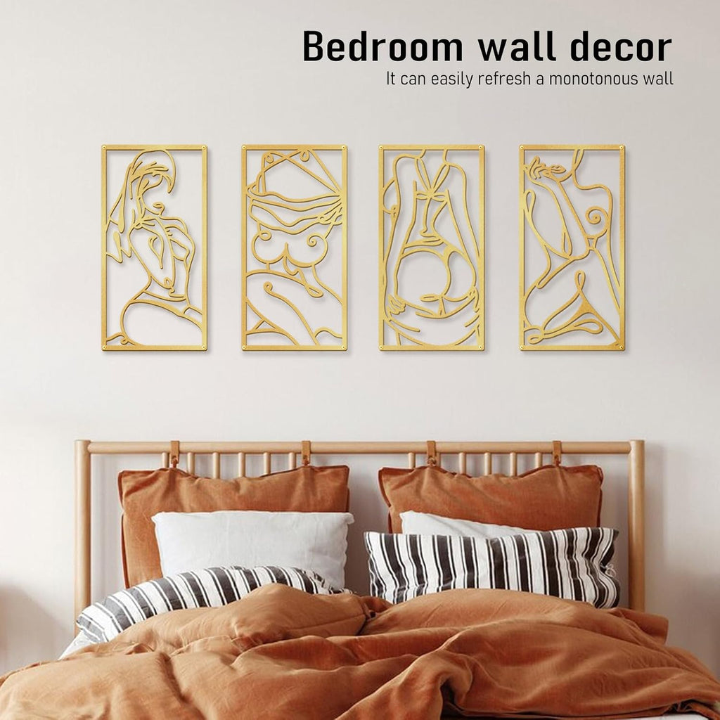 Bakovity Gold Metal Bathroom Wall Art Minimalist Line Art Wall Decor Gold Abstract Modern Wall Decor for Bathroom Living Room Bedroom (4 Pcs,17 x 9 in)