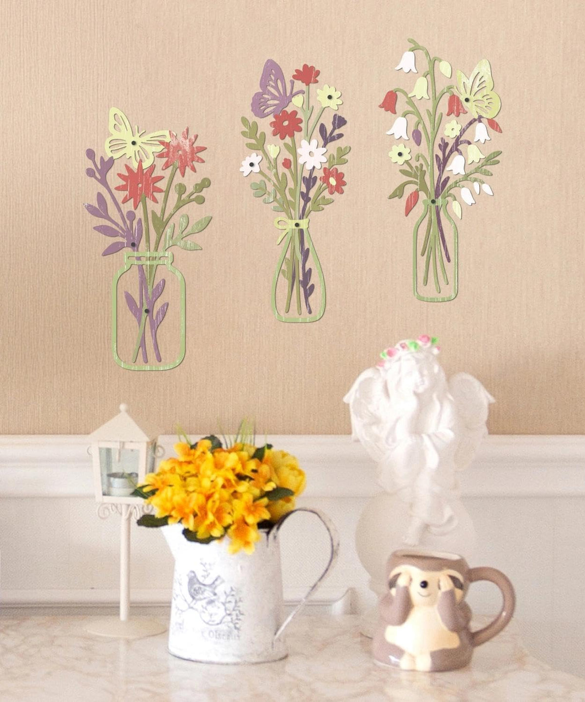 Putuo Decor Metal Flower Wall Decor, 3PCS Minimalist Floral Wall Art with Butterfly, Boho Spring Wall Sculptures for Living Room Bedroom Bathroom Kitchen, Modern Colorful Metal Flowers Decorations