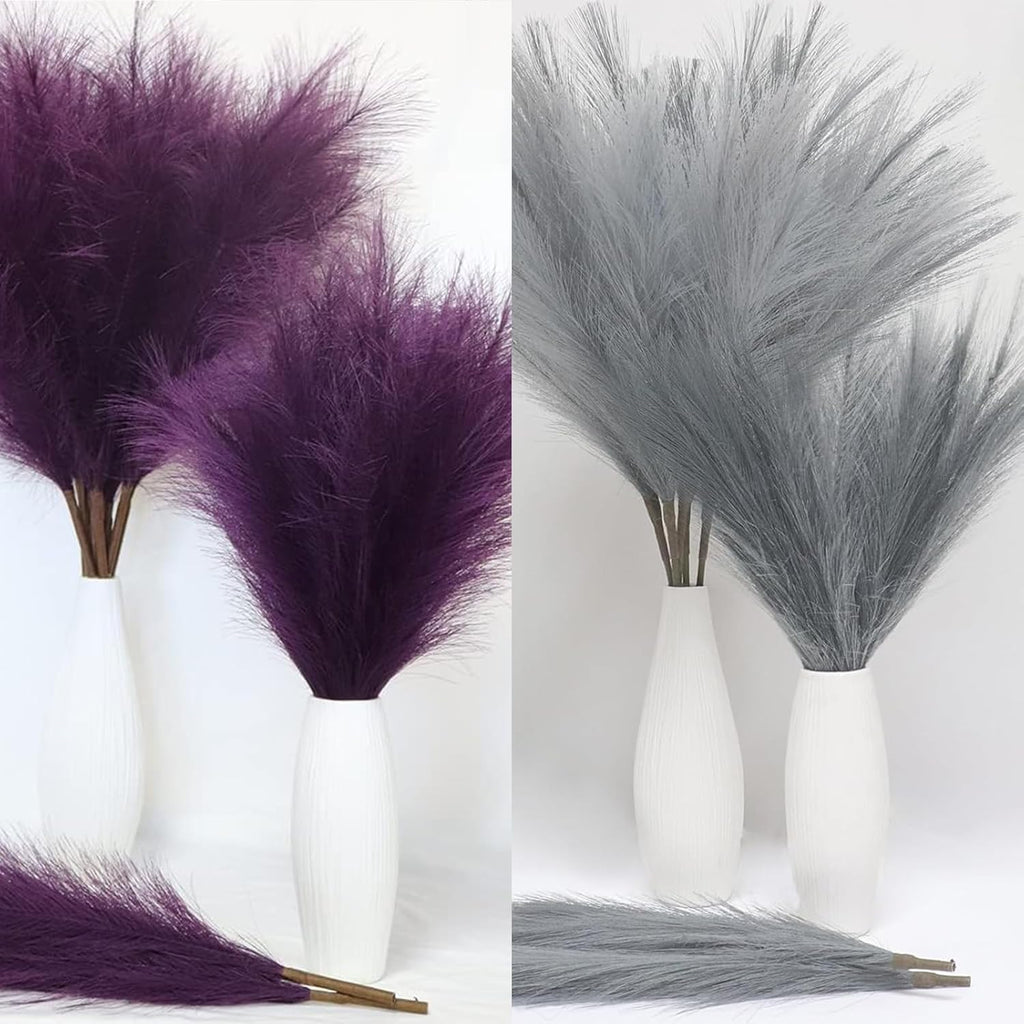 MAKHOT Pampas Grass Tall, 30” Bundle of 5 Detachable Fake Artificial Dried Grey Floral Grass Home Living Room Decor, Faux Gray Pampas Grass Decor Fluffy Filler for Floor Vases(Purple/Gray)