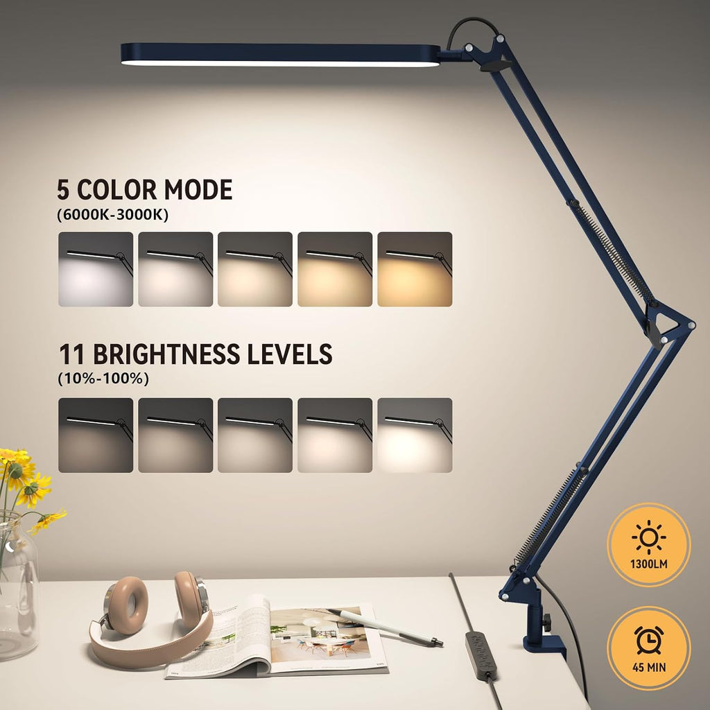SKYLEO Desk Lamp - LED Desk Light - 5 Color Modes X 11 Brightness Levels - Adjustable Swing Arm - Timmer & Memory Function - 12W Lamp for Desk - Blue