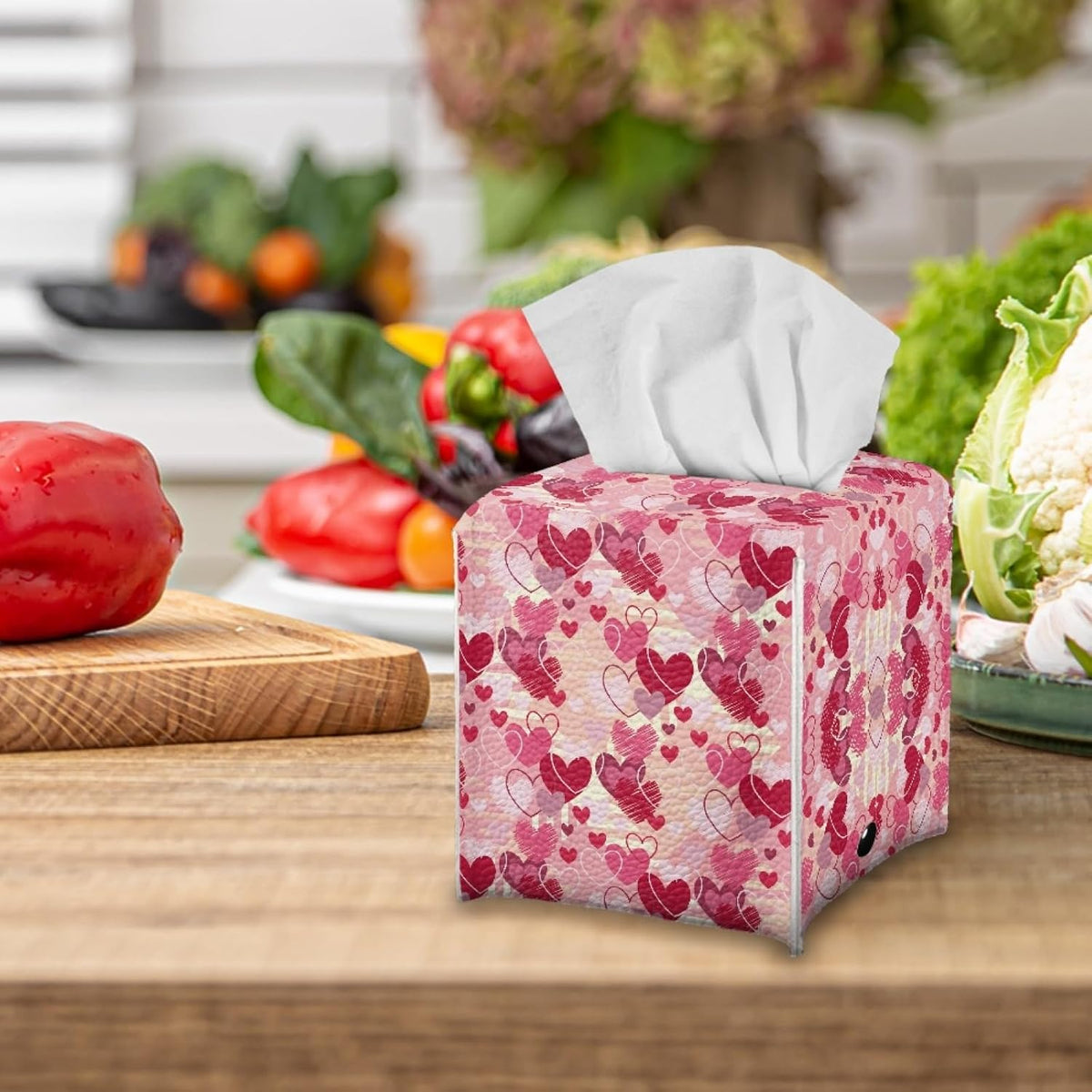 Happy Valentines Day Facial Tissue Box Cover PU Leather Square Tissue Case Dispenser 5.1"X5.1"X5.5" Organizer for Living Room Kitchen Bathroom Home Decor,Pink Love Heart