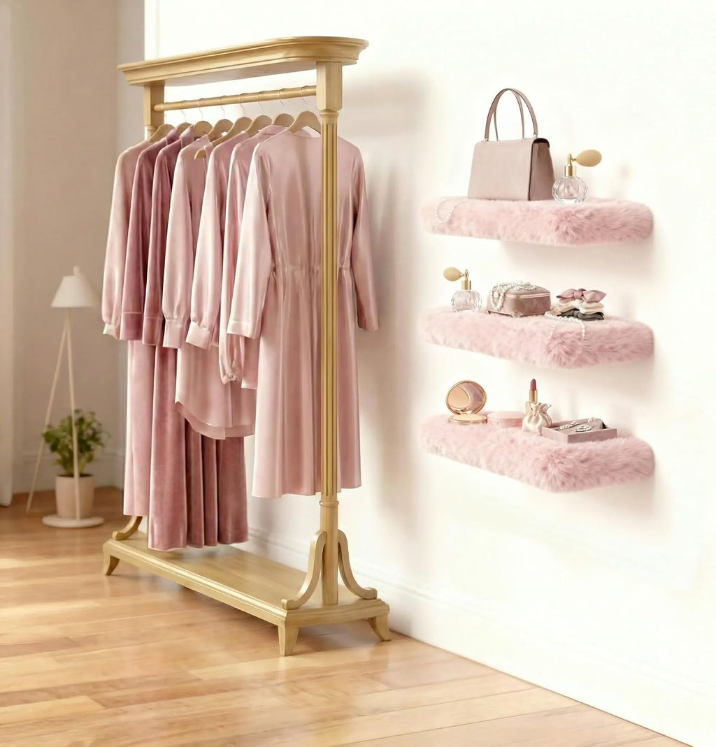 Furry Floating Shelves for Wall,2 Pack Wood Shelf with Plush Soft Shag Cover, Wall Mounted Shelves for Bedroom, Living Room, Suitable for Storing Valuable Collectibles, High Heels, Bags, Jewelry, Pink