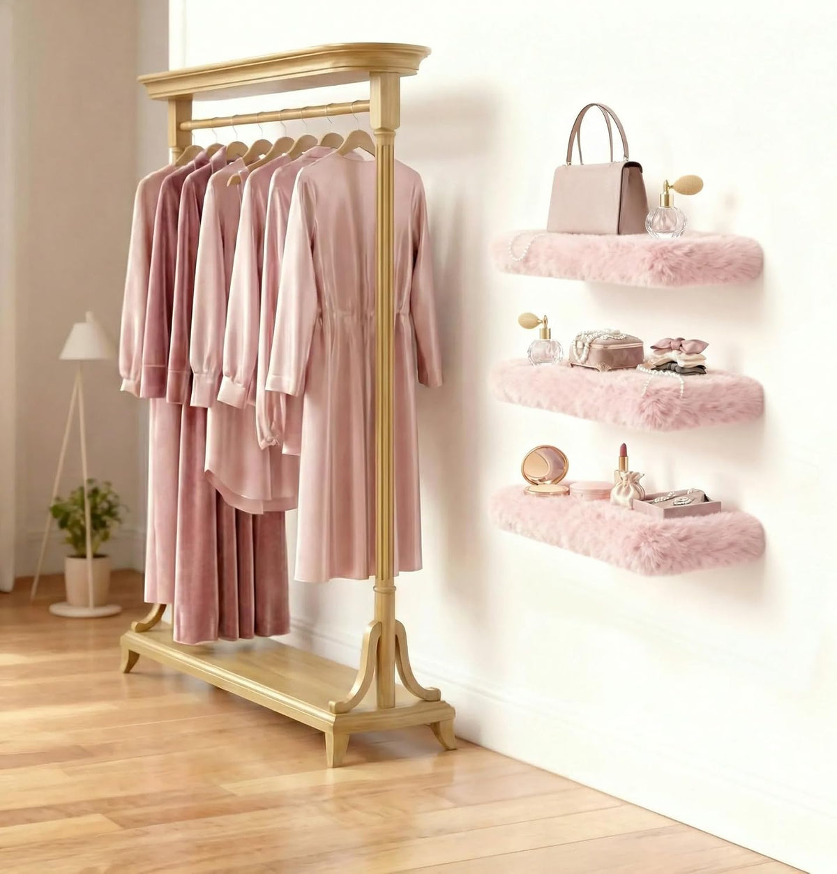 Furry Floating Shelves for Wall,2 Pack Wood Shelf with Plush Soft Shag Cover, Wall Mounted Shelves for Bedroom, Living Room, Suitable for Storing Valuable Collectibles, High Heels, Bags, Jewelry, Pink