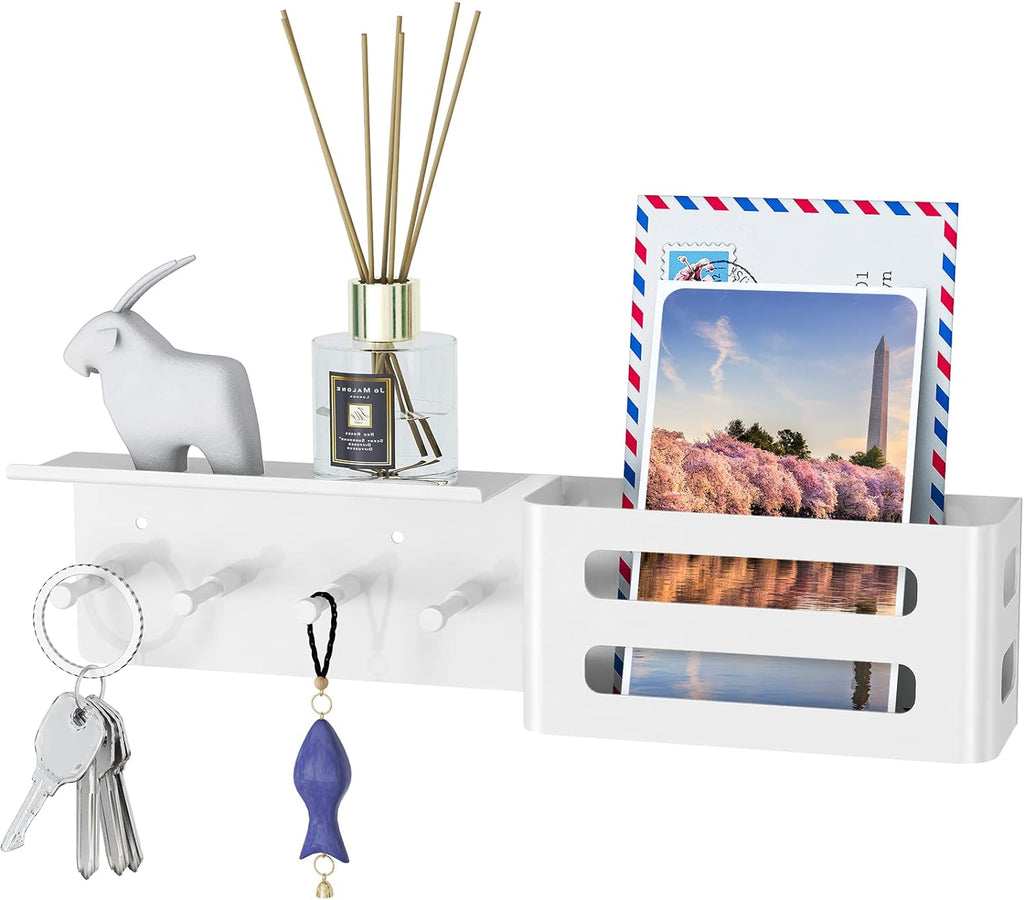 MKO Key Holder Wall Mount, Adhesive Key Hanger with 4 Hooks for Wall, White