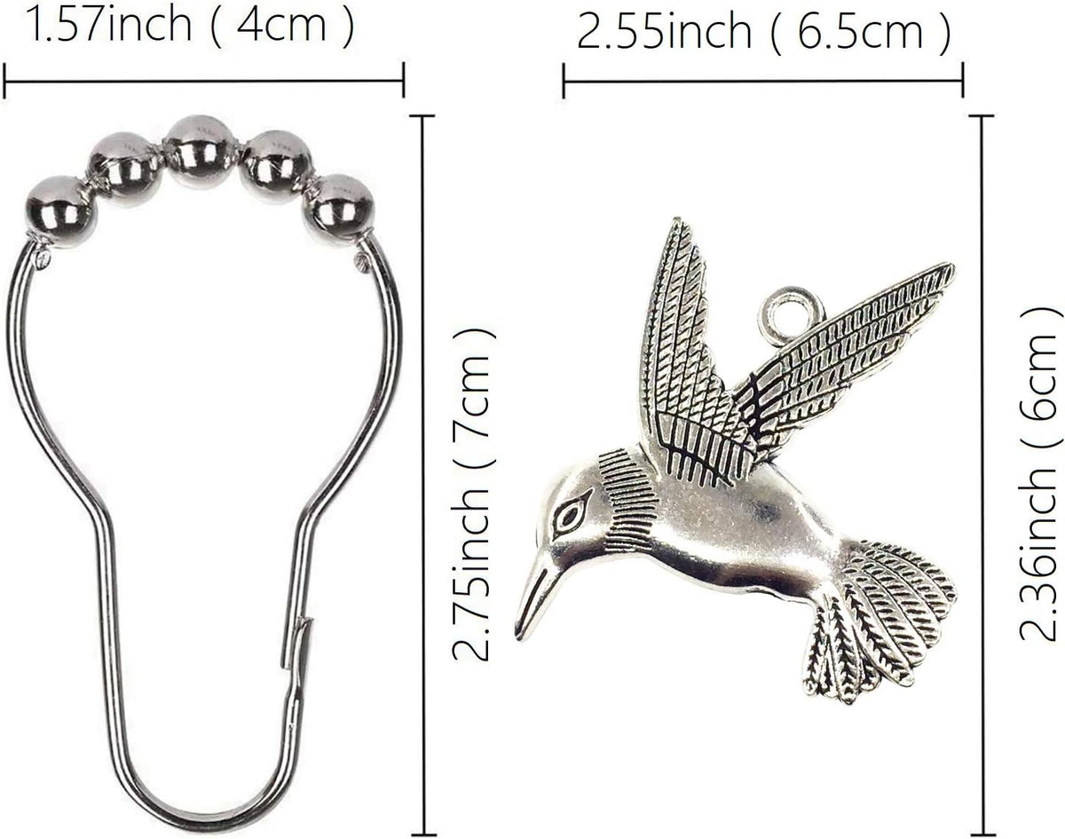Hummingbird Shower Curtain Hooks Rings Bird Garden Nature Spring Theme Decoration Stainless Steel Rustproof Set of 12 (Silver)