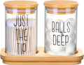 Funny Qtip Holder Dispenser 2 Pack Glass Apothecary Jars Canisters with Tray, Cotton Ball Qtip Holder Bathroom Set with Bamboo Lids for Cotton Swab Farmhouse Bathroom Storage Organization
