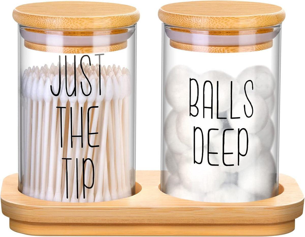 Funny Qtip Holder Dispenser 2 Pack Glass Apothecary Jars Canisters with Tray, Cotton Ball Qtip Holder Bathroom Set with Bamboo Lids for Cotton Swab Farmhouse Bathroom Storage Organization