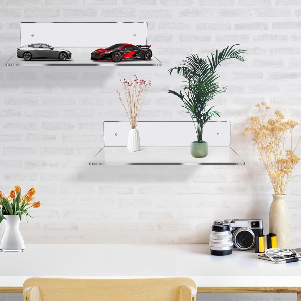 Jansburg 12 Inch L-Shaped Acrylic Floating Shelf Clear Wall Mounted Shelves Invisible 5MM Thick Shelf for Wall Storage Clear Shelves for Makeup Photo Picture Book Record Display 3 Pack